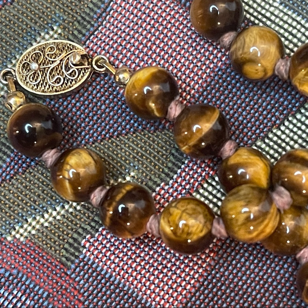 Retro Sterling Silver & Brown Tigers Eye Hand Knotted Necklace